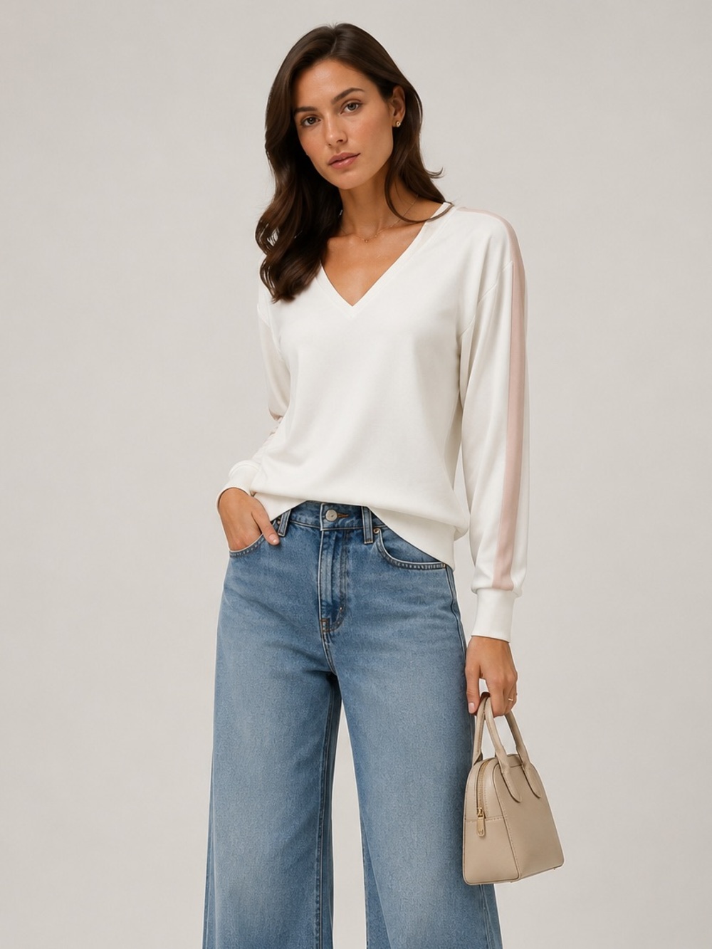 Tibi Neoprene V Neck Sweatshirt Top Small White Minimal Old Money Quiet Luxury